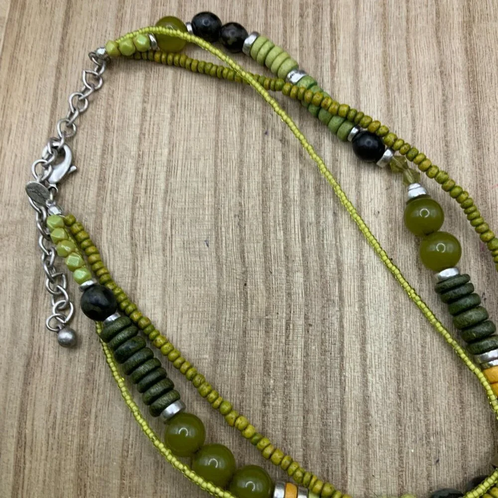Chico's Green Tone Wooden BOHO Glass Beads Silver Tone Pendant Necklace - Picture 8 of 9